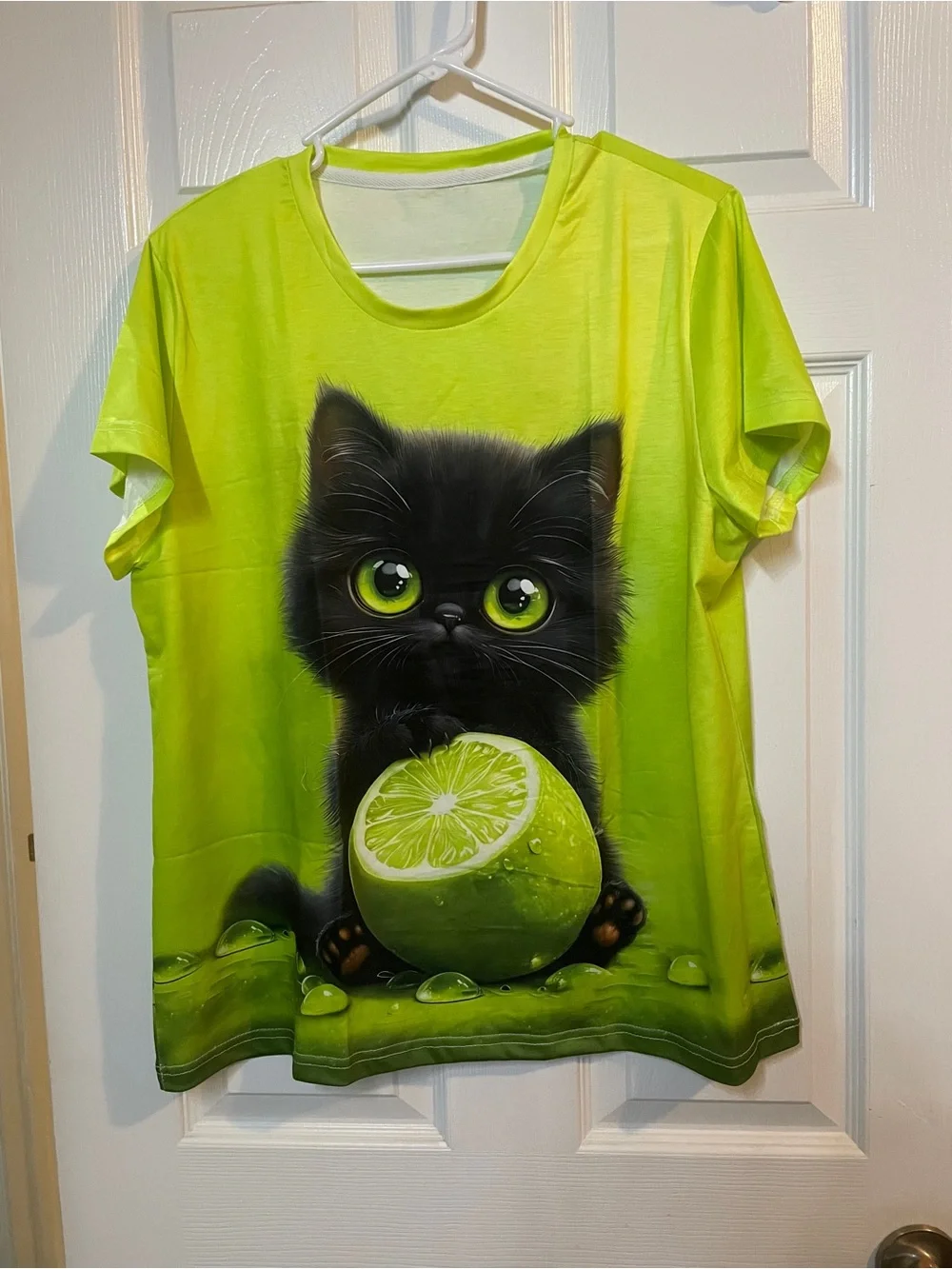 Cute Black Kitten Lime Graphic Cat T-Shirt - CUTE CUTE PICTURE IS ON BACK ALSO